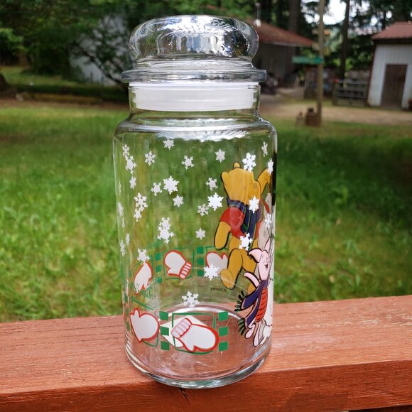 Vintage Anchor Hocking Winnie The Pooh & Piglet WINTER THEMED Glass Jar With Lid - Picture 7 of 16